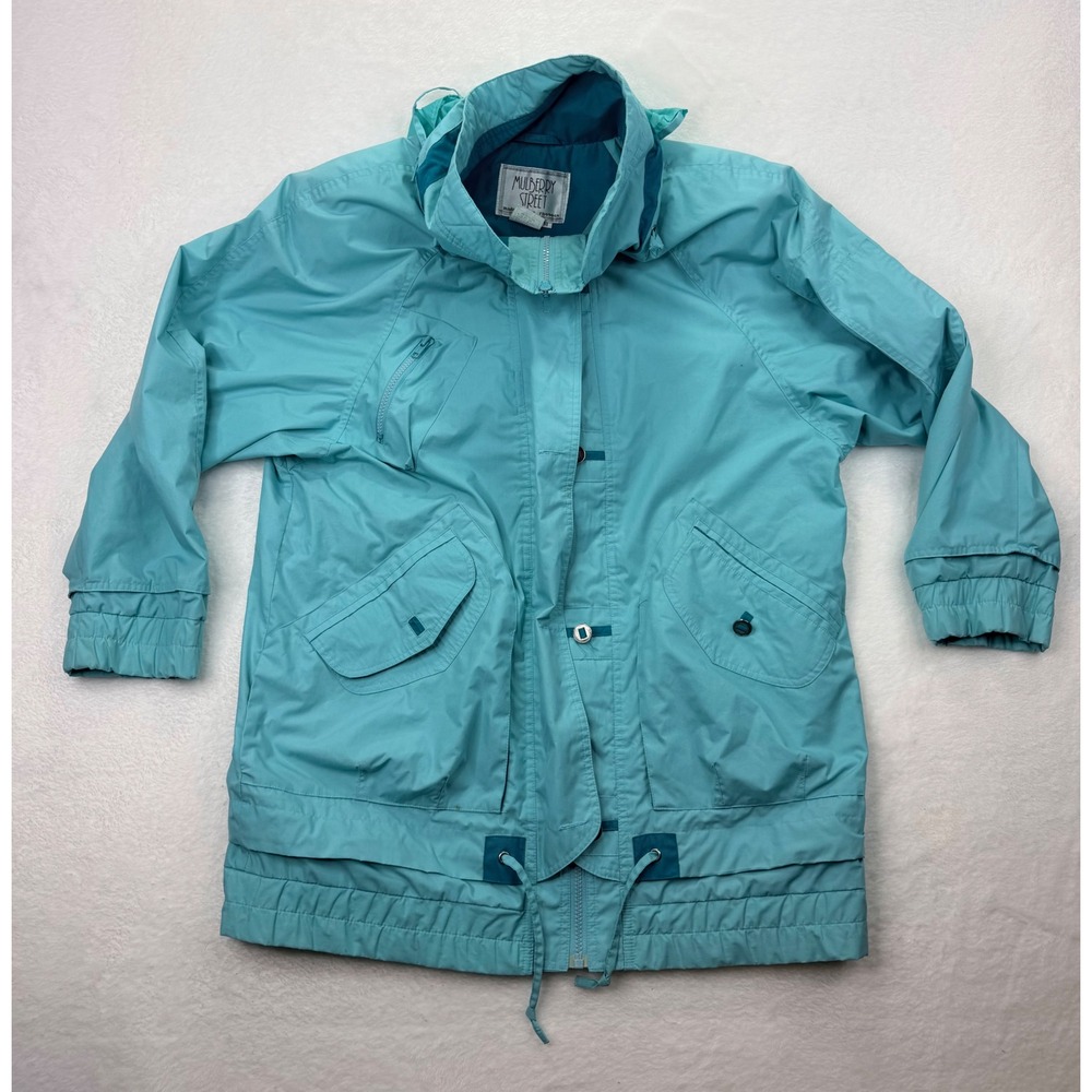 Mulberry Street Vintage Teal Blue Hooded Windbreaker Jacket Womens Medium 20147